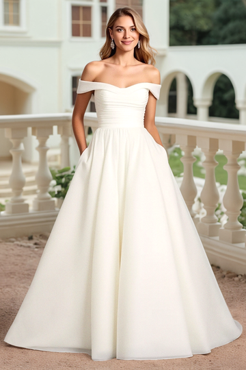 White A Line Ruched Off the Shoulder Wedding Dress